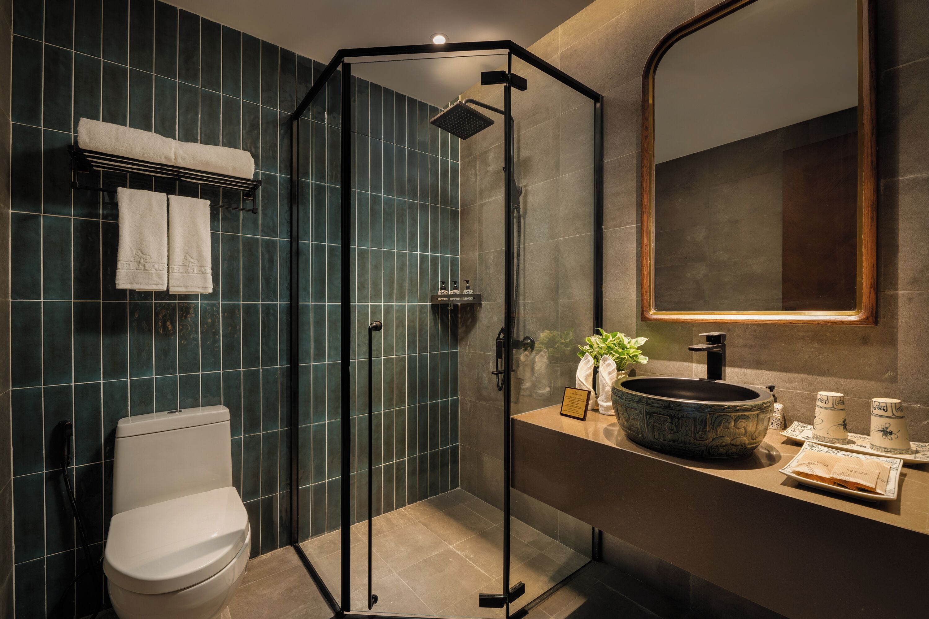 Une salle de bain moderne avec une douche à parois de verre, des toilettes, un lavabo avec un grand receveur et un miroir.