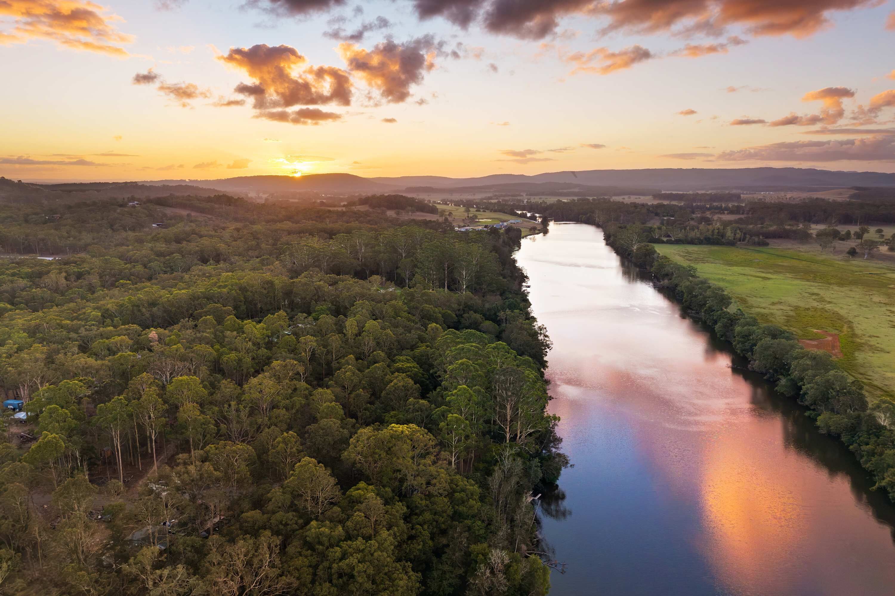 A river winding through a densely forested area with a clear view of the surrounding landscape.