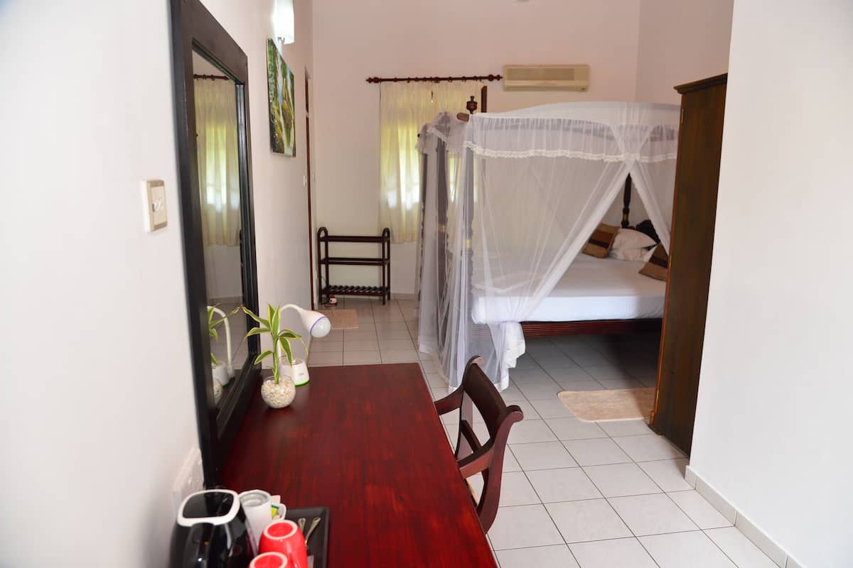 A bedroom with a wooden bed, a bedside table, a chair, a mirror, and a small potted plant.