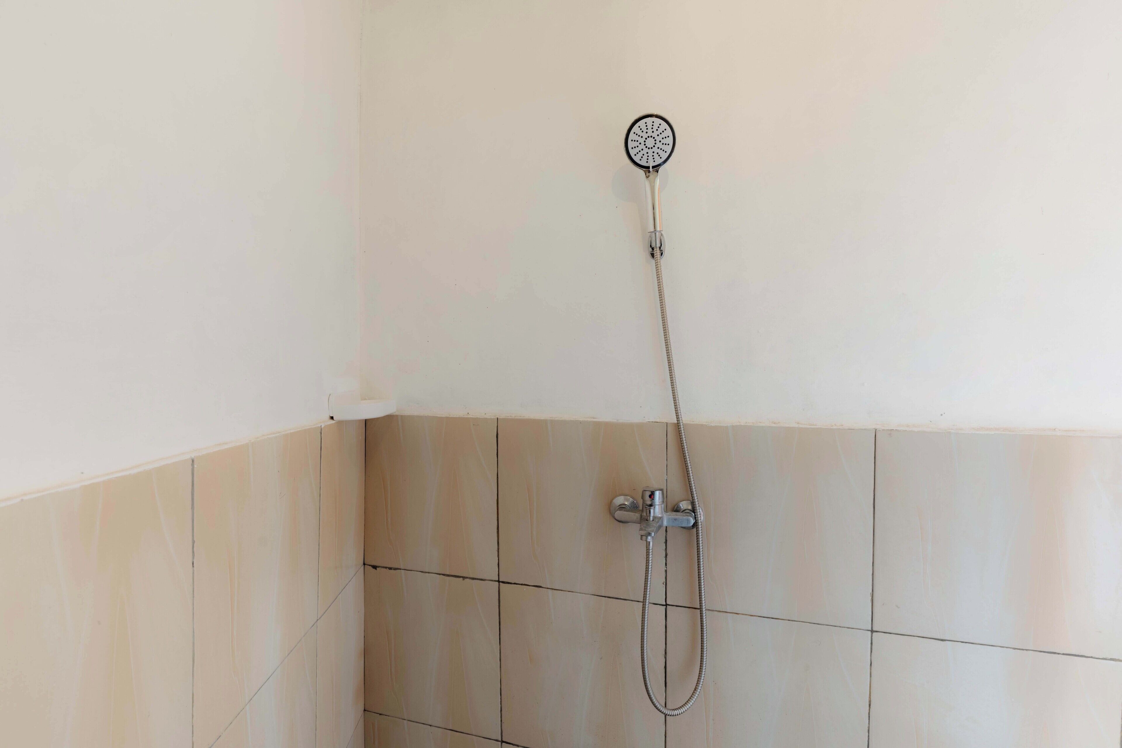 A shower with a handheld showerhead and a handheld hose.
