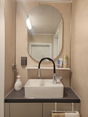 Bathroom features a rectangular sink, black faucet, and large mirror with a rectangular frame.