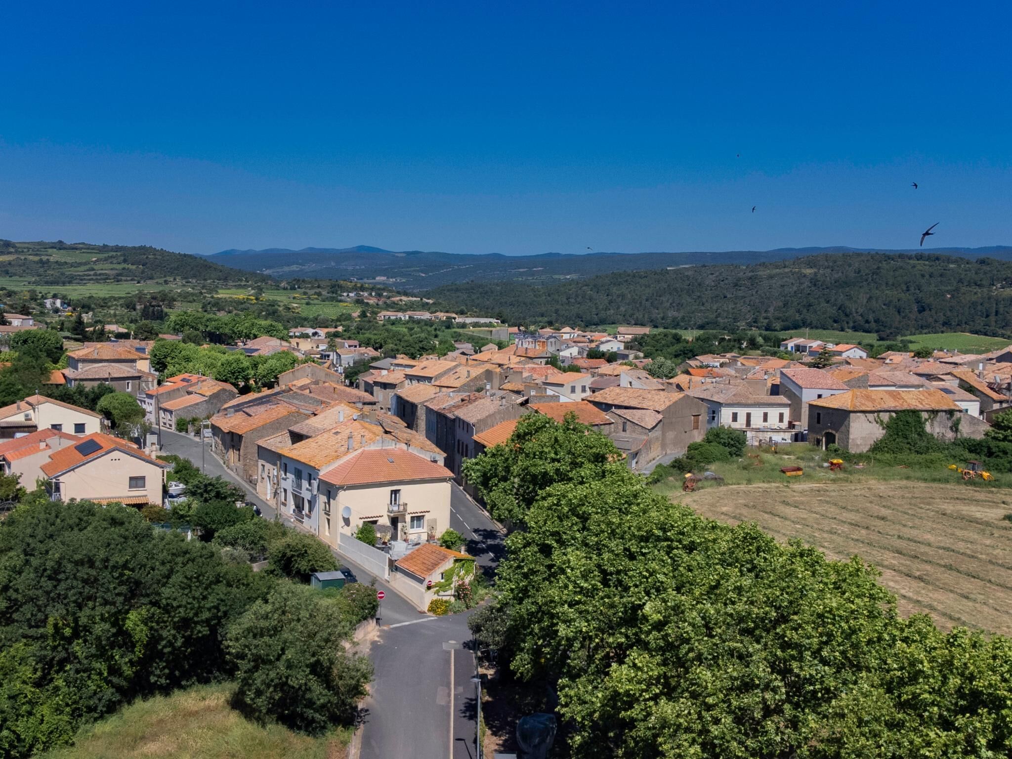Ein ländliches Dorf mit traditioneller Bebauung, blauem Himmel und einem Windrad in der Ferne.