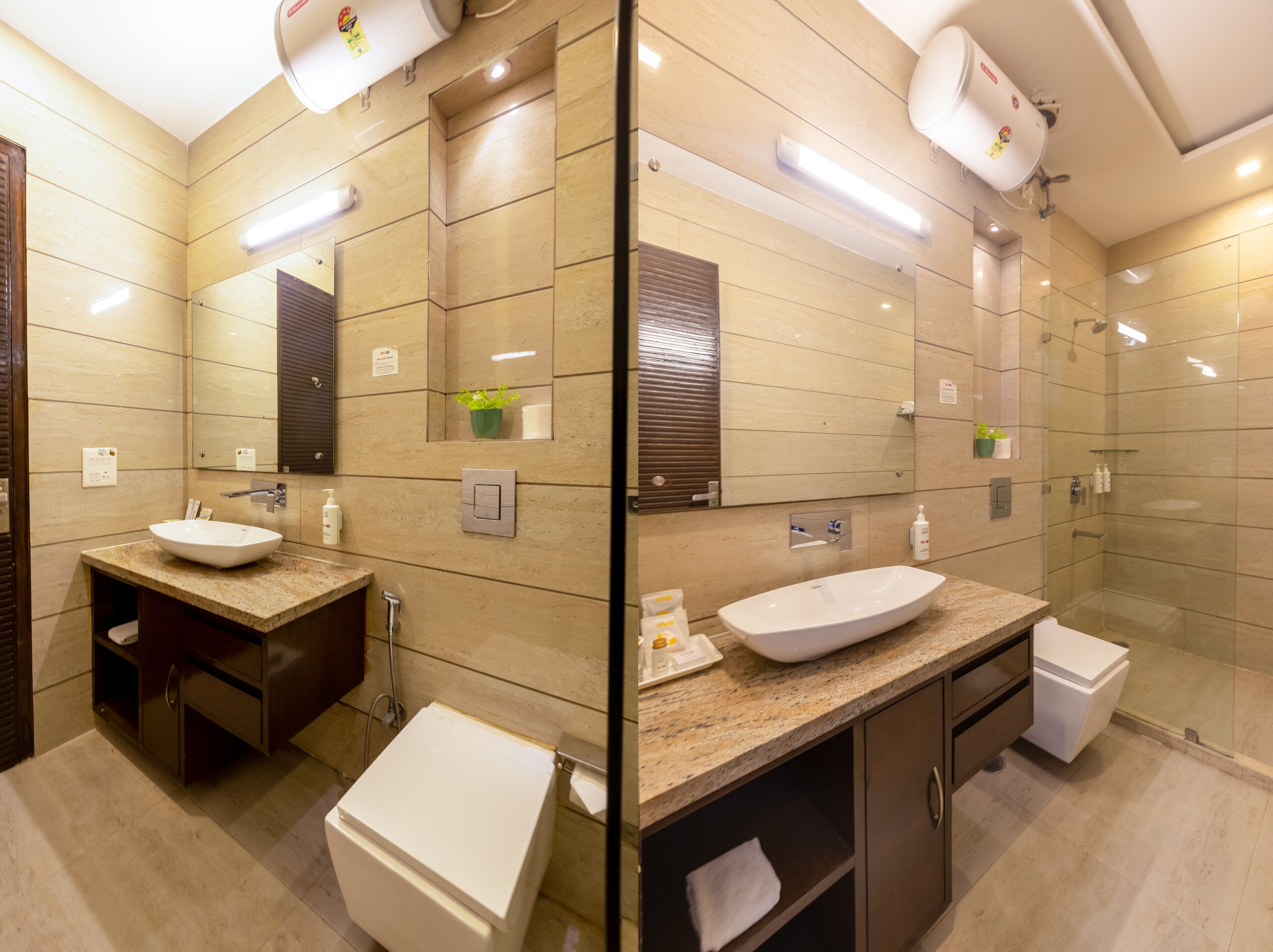 Ein modernes Badezimmer mit zwei Waschbecken, einer Dusche und einer Toilette.