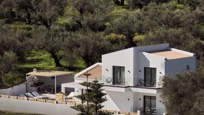 A modern villa with a flat roof, large windows, and a balcony overlooking a lush olive grove. - Estelle Villa, a Flamboyant Escape (PRWP+7J Mouzaki, Greece)