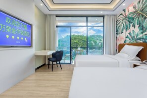 Premium bedding, individually decorated, desk, laptop workspace