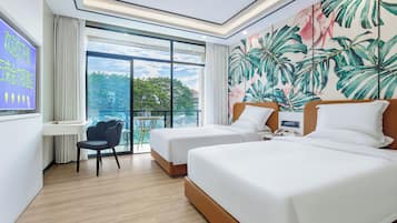 Premium bedding, individually decorated, desk, laptop workspace