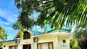 A two-story building with a curved roof, a wooden door, and a sign that reads "Island Paradise."