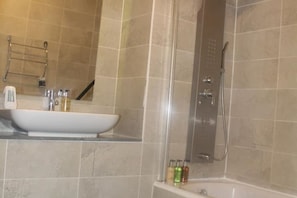 Hair dryer, towels, soap, toilet paper