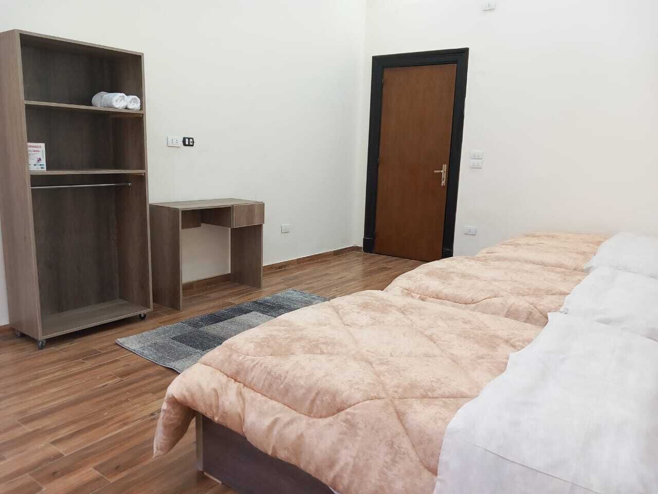 A bedroom with a bed, a wardrobe, a desk, and a door.