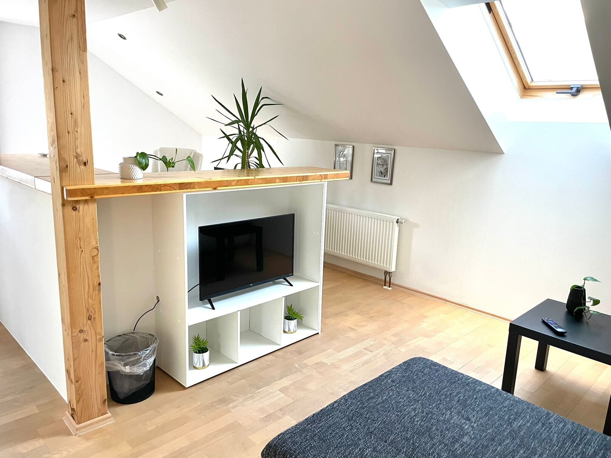 Een moderne woonkamer met een televisie, houten balk, witte planken, potplanten en een dakraam.