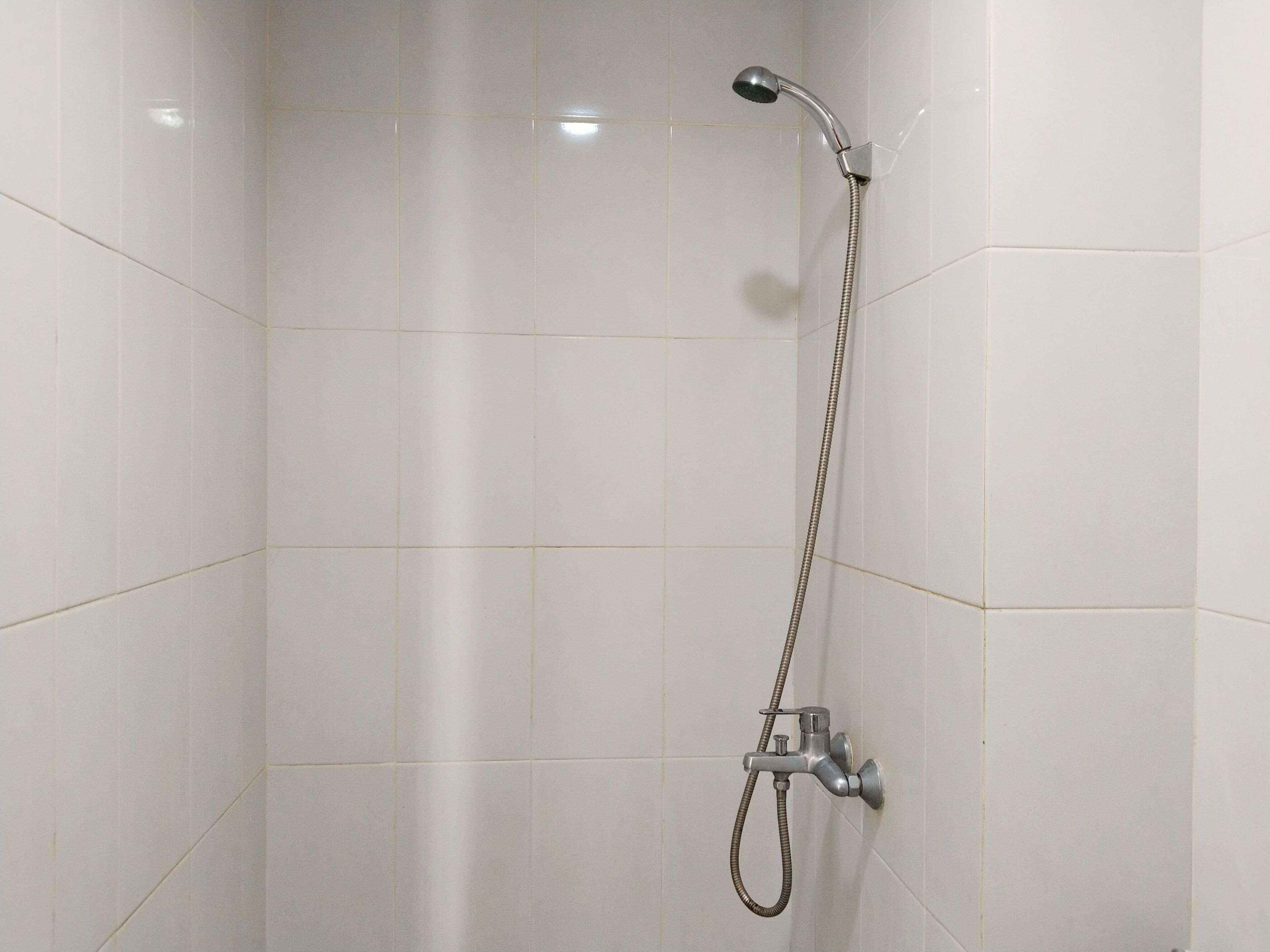 A shower with a handheld showerhead and a fixed wall-mounted faucet.