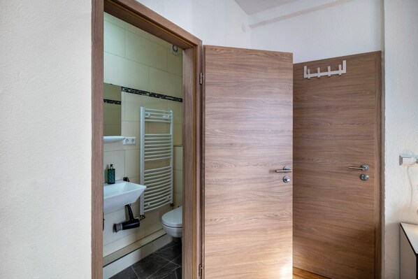 Shower, hair dryer, towels