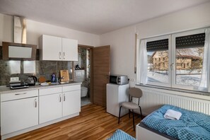 Fridge, microwave, stovetop, coffee/tea maker