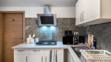 KĂŒhlschrank, Mikrowelle, Herdplatte, Wasserkocher mit Kaffee-/Teezubehör