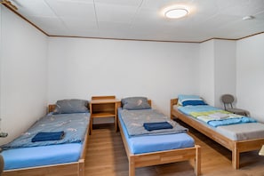 A room with two wooden beds, a desk, and a chair. - Room 'Zimmer 11' with Wi-Fi (Berg-Weiler)