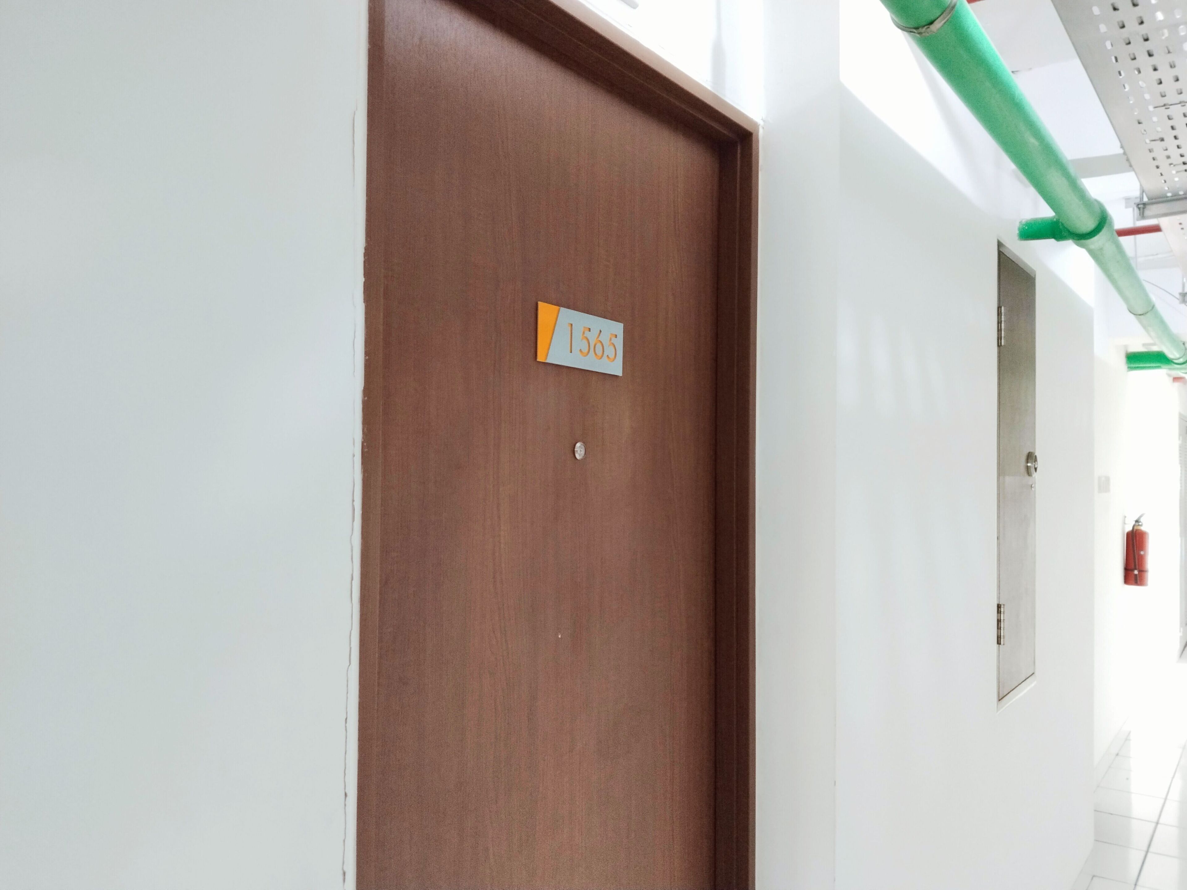 A hallway with a wooden door labeled 1565, a green pipe, and a fire extinguisher on the wall.