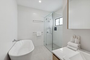 Hair dryer, towels, soap, shampoo