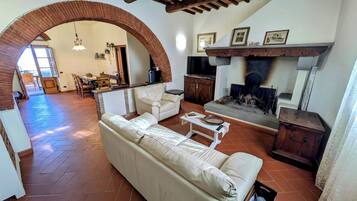 Smart-TV, Kamin, Videospiele, Bücher