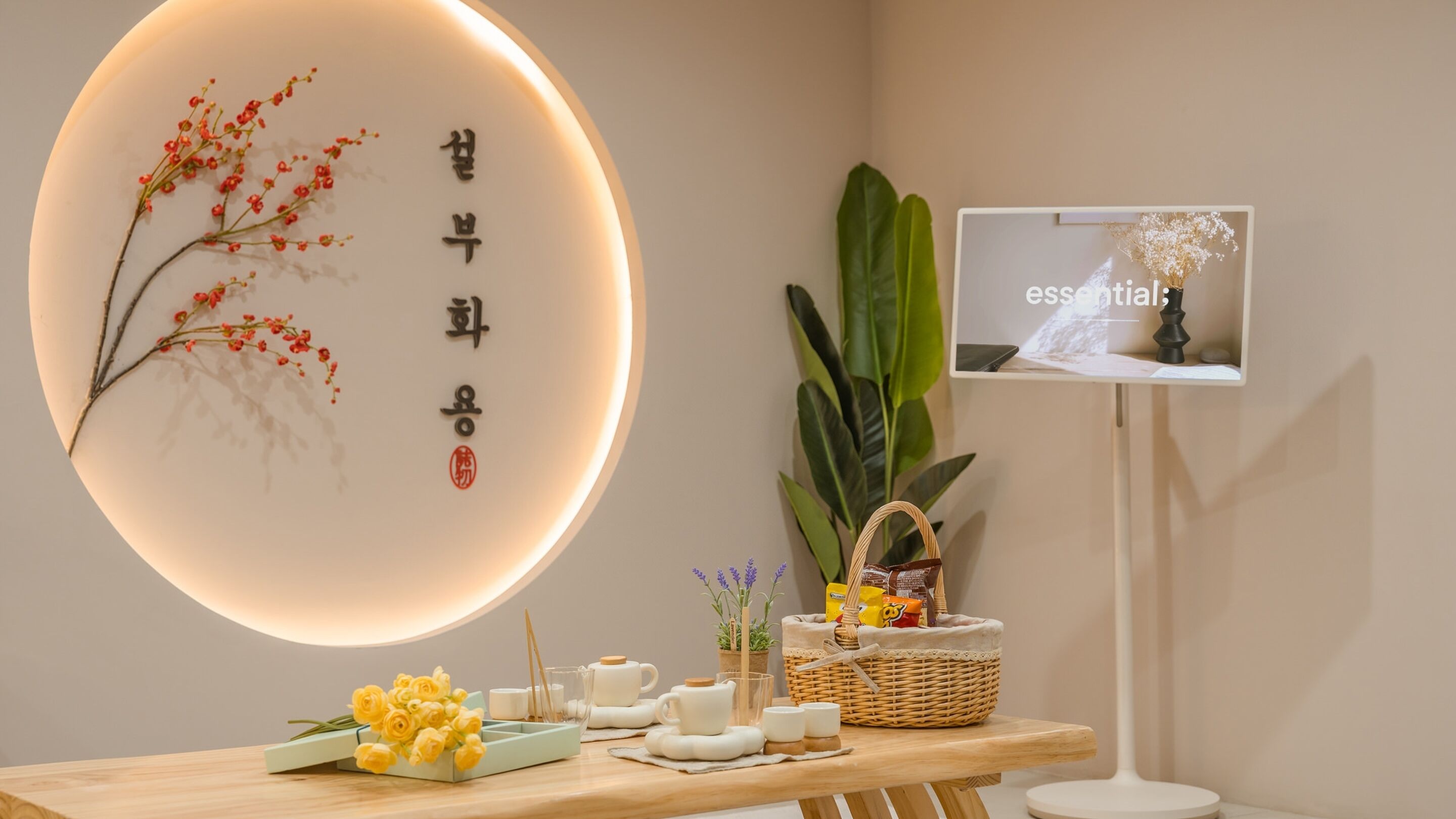 A reception area with a round illuminated sign featuring Chinese characters, a digital screen displaying 'essentials', and a table with tea sets and a basket.
