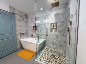 Hair dryer, towels, soap, toilet paper