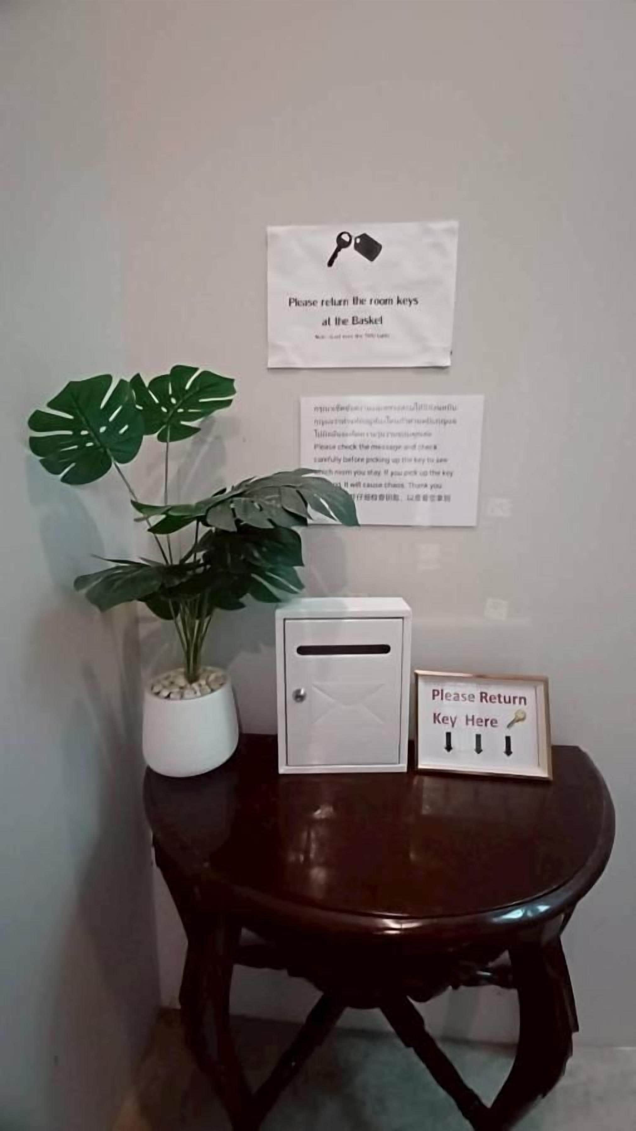 A corner with a potted plant, a white key box, and two signs on the wall.