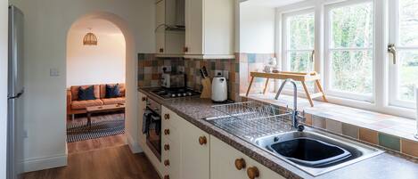 Cocina con lavaplatos, encimera y armarios. Se ve una ventana con vista a árboles.