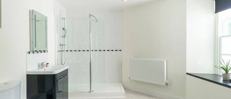 A modern bathroom with a glass-enclosed shower, a toilet, a sink with a mirror, and a radiator.