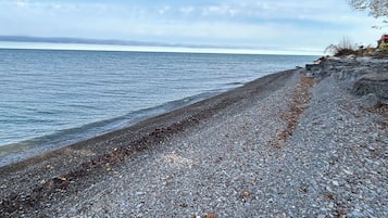 On the beach, sun-loungers, beach towels