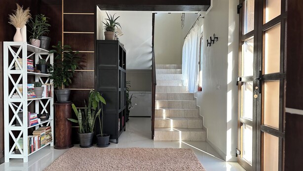 A hallway with a staircase, potted plants, and a white bookshelf.