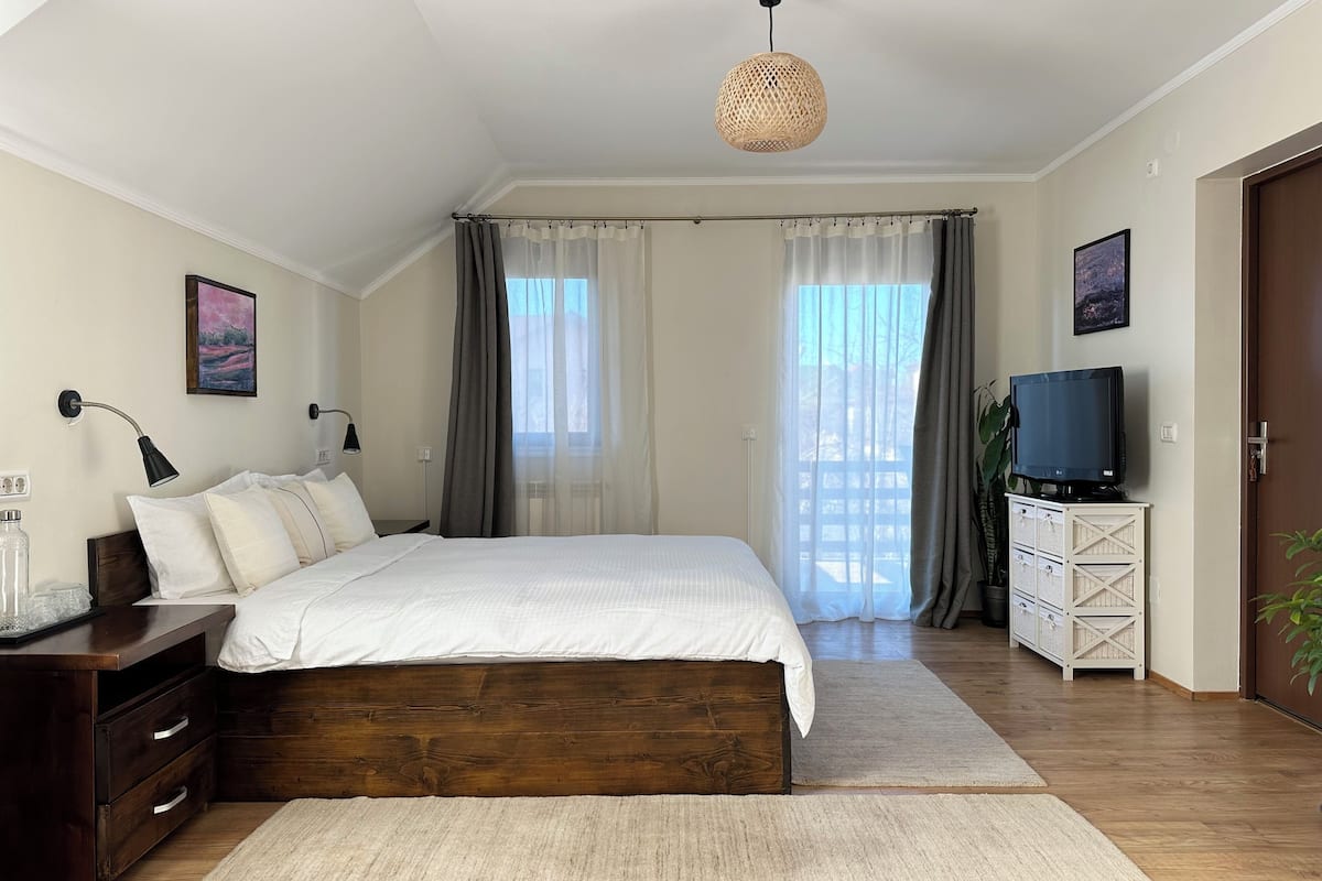 A bedroom with a large bed, a bedside table with a lamp, a TV on a cabinet, and a hanging light fixture.