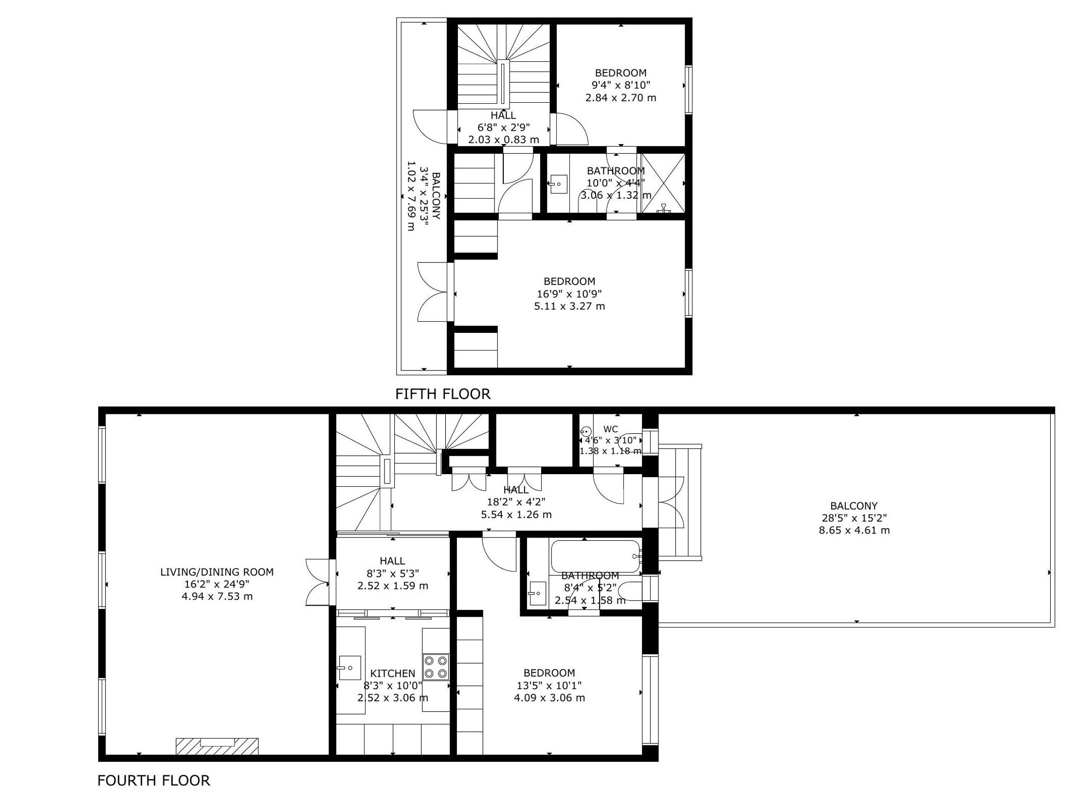 A floor plan of a hotel with two floors. Each floor has a living/dining room, kitchen, bathroom, and bedrooms. The fifth floor includes a balcony and a hall. The fourth floor has a balcony and a hall.