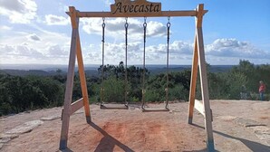 Un conjunto de columpios con un letrero que dice "Avecasta" en un entorno natural con vistas a colinas distantes.