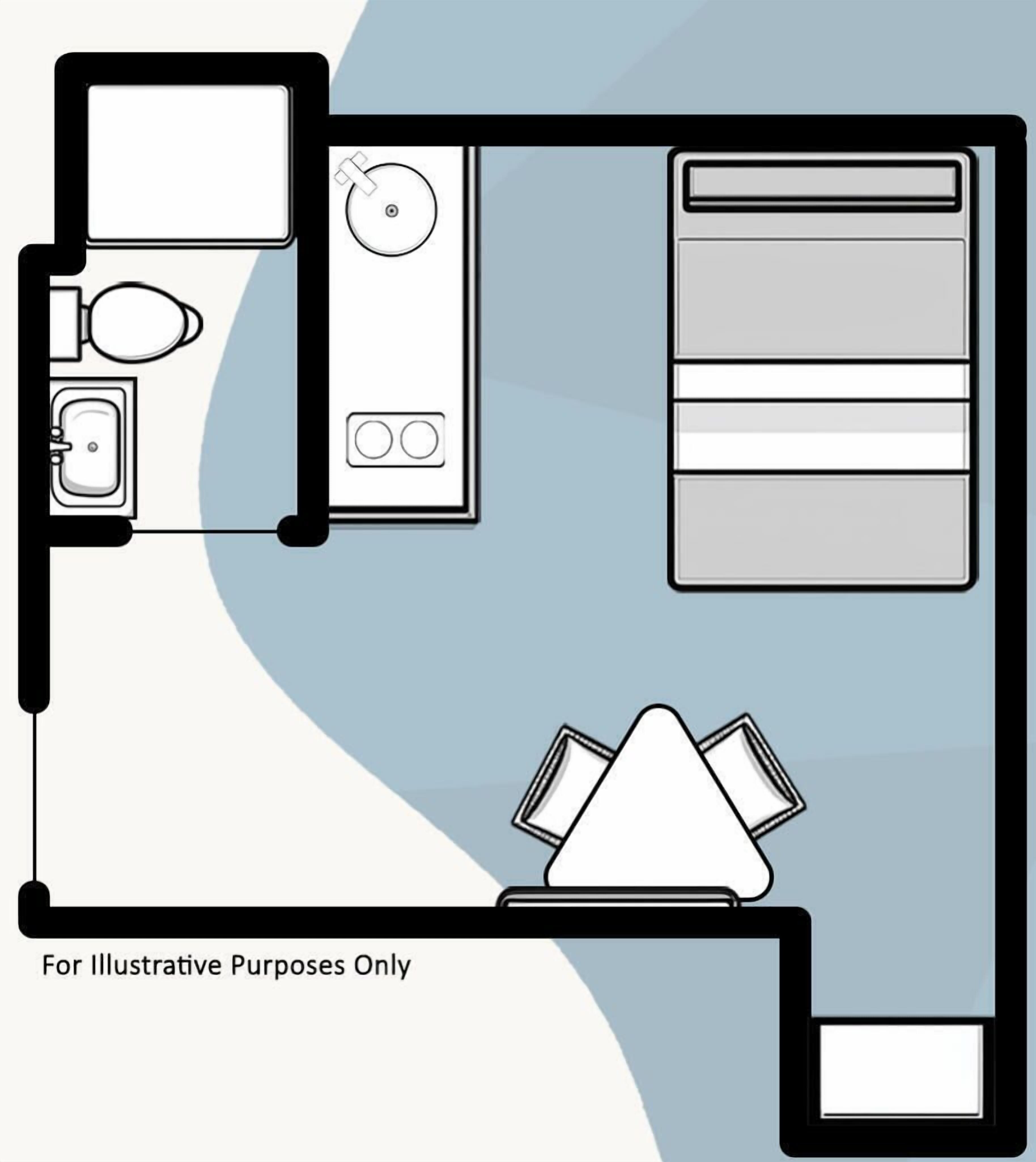 A floor plan of a hotel room with a bed, a desk, a chair, a small bathroom, and a window.