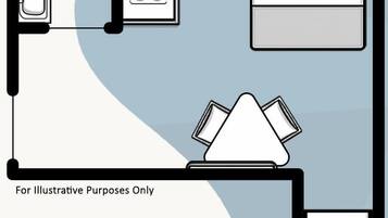 A floor plan of a hotel room with a bed, a desk, a chair, a small bathroom, and a window.