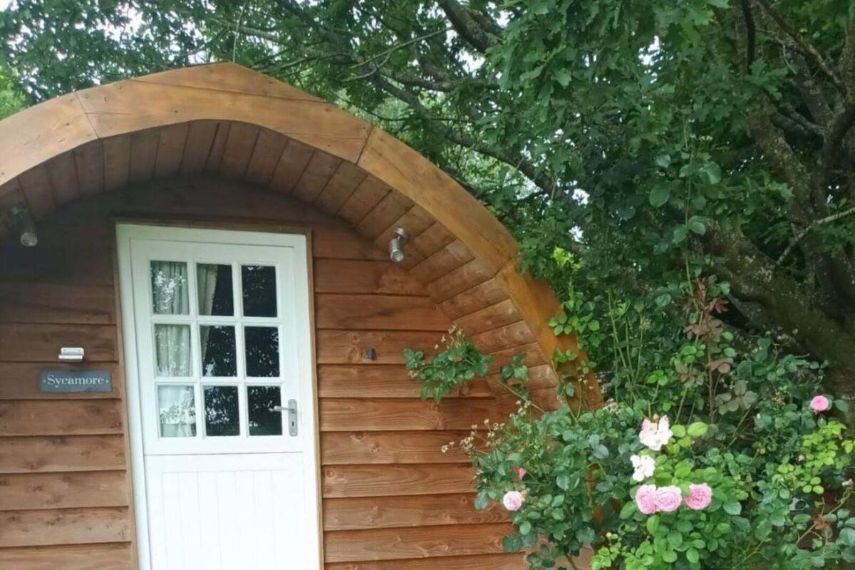 Una cabaña de madera con una puerta blanca y un cartel que dice 'Sycamore'.