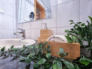 Dusche, Haartrockner, Handtücher, Toilettenpapier