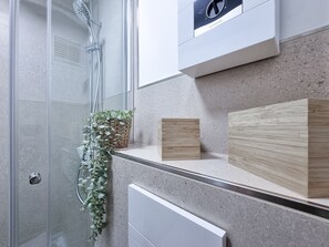 Shower, hair dryer, towels