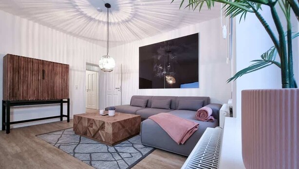 A modern living room with a sofa, a coffee table, a radiator, and a large potted plant.