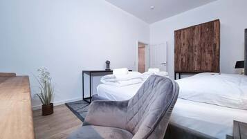 1 bedroom, desk, iron/ironing board, bed sheets