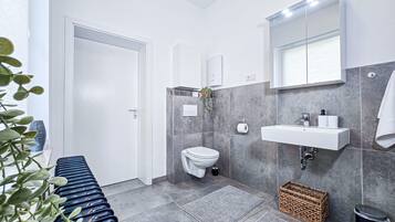 Shower, hair dryer, towels, toilet paper