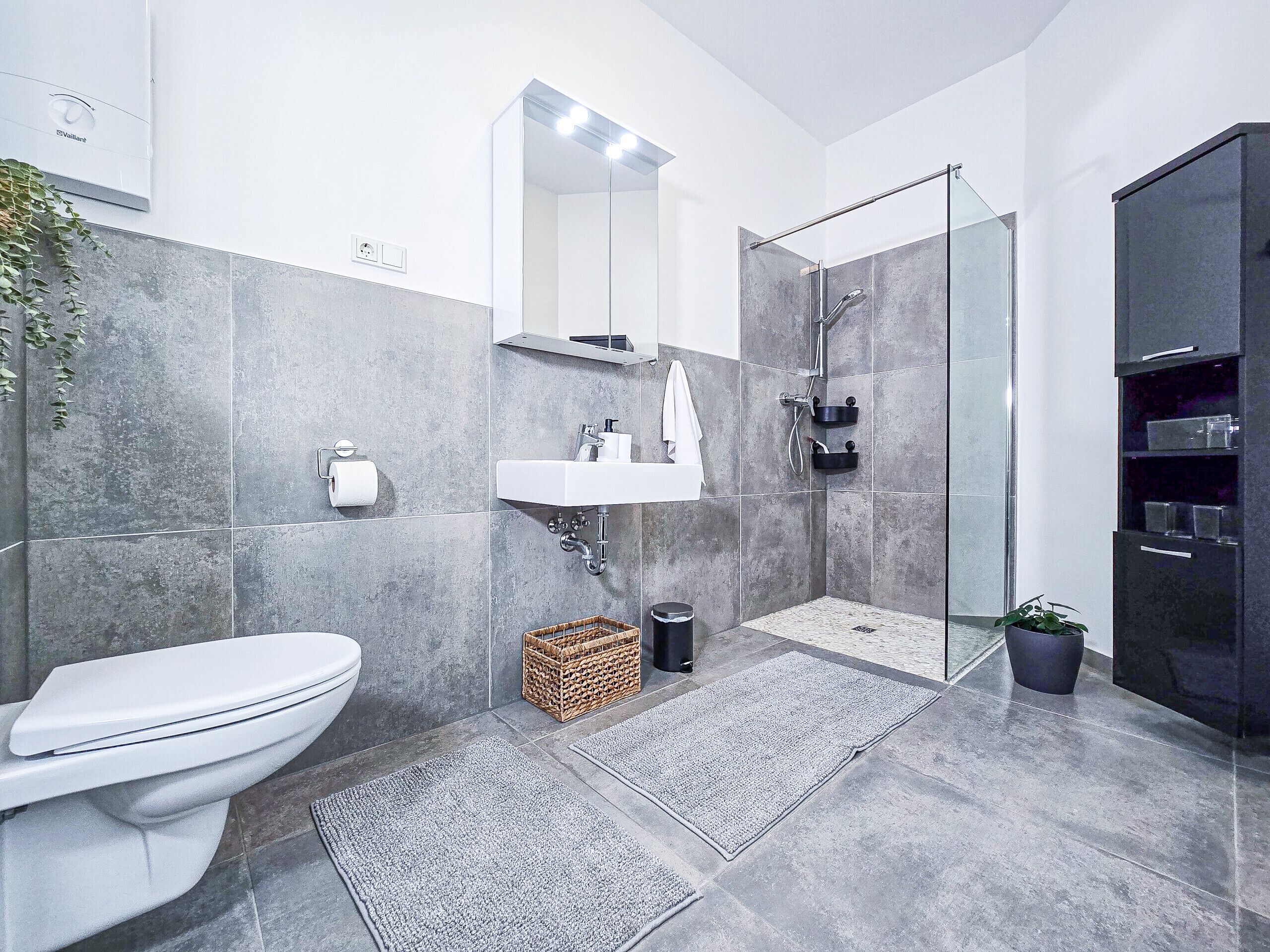 Shower, hair dryer, towels, toilet paper
