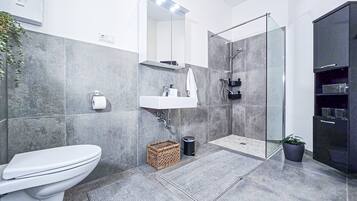 Shower, hair dryer, towels, toilet paper
