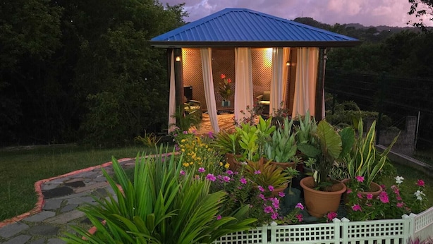 Ein Gartenlaube mit blauem Dach, umgeben von einem Garten mit verschiedenen Pflanzen und Blumen.