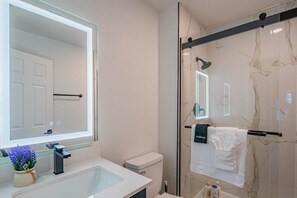 A modern bathroom with a glass shower enclosure, a white sink, and a large mirror.