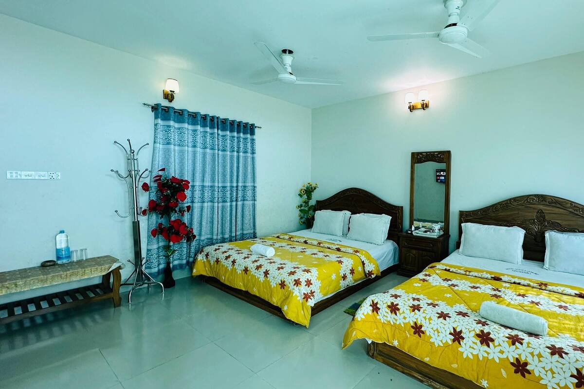 A hotel room with two beds, a mirror, a bedside table, a bench, a plant, and a ceiling fan.