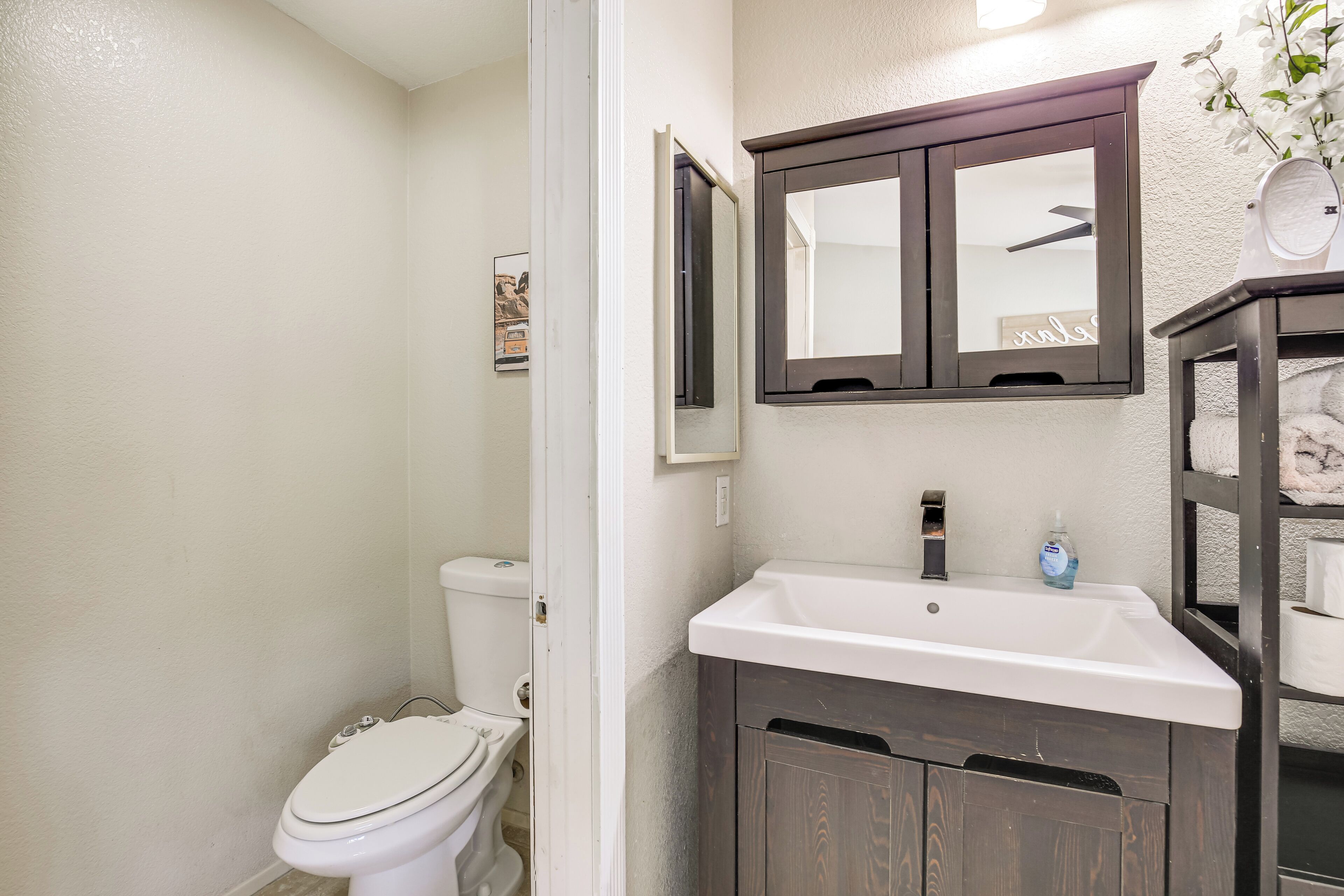 A bathroom with a white toilet, a white sink, and a dark wooden vanity.