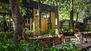 Zona pranzo all'aperto con tavoli e sedie in legno, immersa nel verde e affiancata da un edificio moderno con ampie finestre.