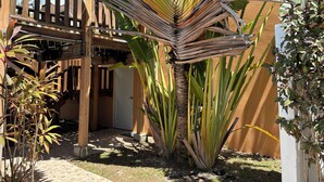 A wooden deck with a palm tree and a potted plant in a courtyard.