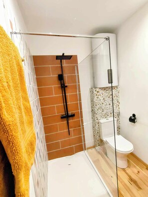 Shower, eco-friendly toiletries, hair dryer, towels