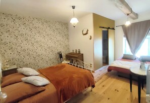 1 bedroom, desk, iron/ironing board, travel cot